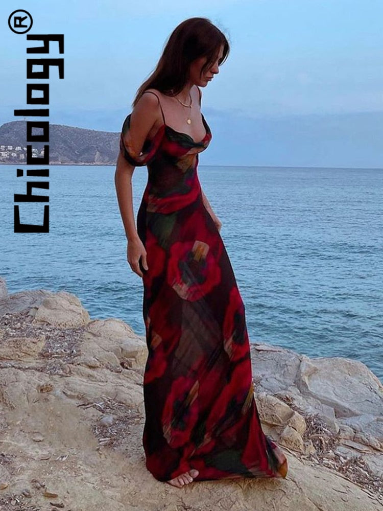 Chicology 2022 Women Chiffon Printed Strap Swinging Collar Maxi Dress Bodycon Sexy Elegant Beach Vacation Festival Hawaii Outfit