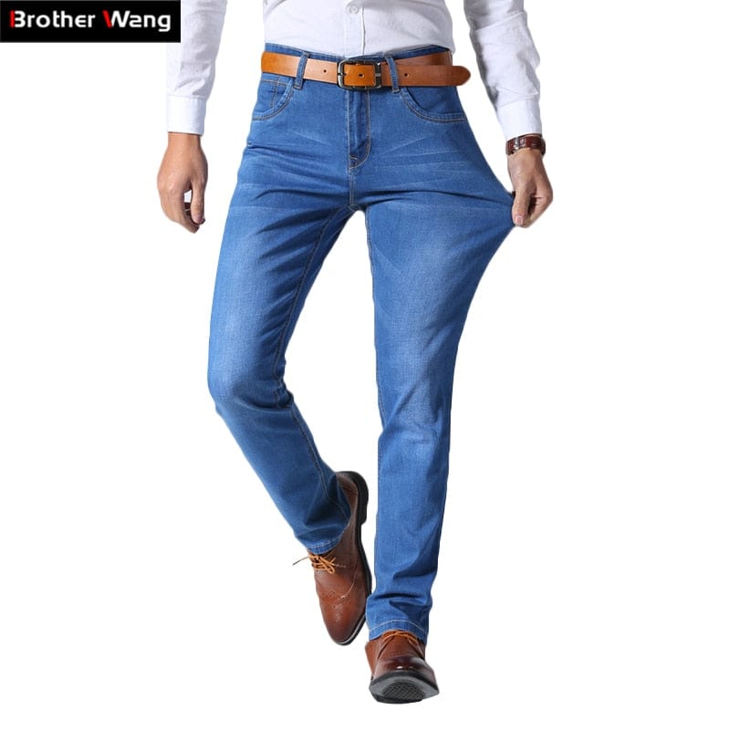 Brother Wang, stil clasic, blugi pentru bărbați de marcă, pantaloni de denim subțiri, elastici, casual, albastru deschis, negri, pentru bărbați