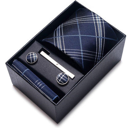 Silk Brand Tie Handkerchief Cufflink Set Necktie Holiday Gift Box Man's Blue Gold Suit Accessories Slim Cravat Wedding Gravatas