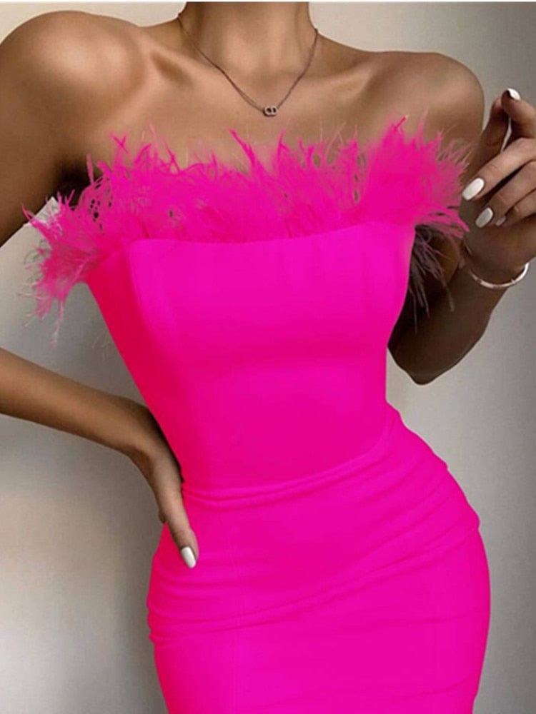 New Summer Sexy Strapless Backless Feather Black Midi Women Bodycon Bandage Dress 2022 Designer Fashion Party Club Dress Vestido