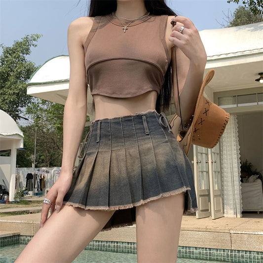 Vintage Denim Skirt Women 2023 Summer New American Trend High Street Sexy Mini Skirt Fashion Irregular High Waist Pleated Skirt