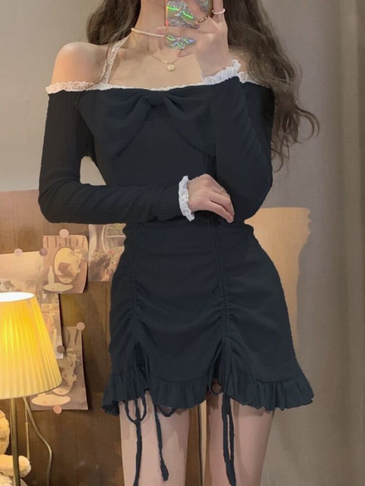 QWEEK Bodycon Wrap Sexy Dress Women Korean Style Design Kawaii Ruffles Lolita Short Dresses Lace Robe Female 2022 Autumn