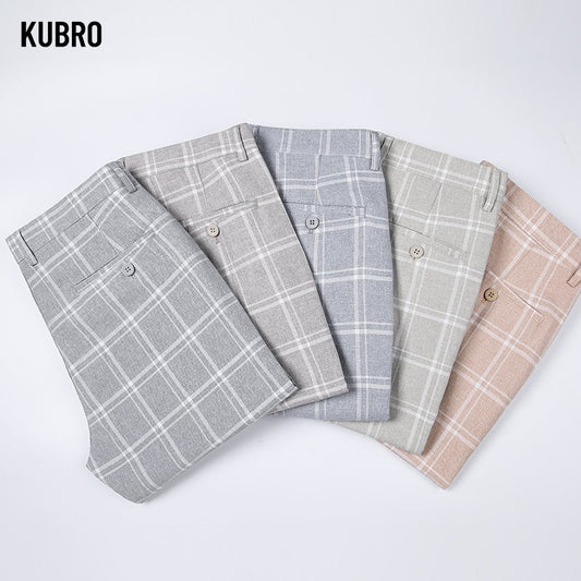 KUBRO 2023 Imitation Linen Trend Plaid Pants New Straight Men&#39;s Casual Personality All Match Pattern Home Brown Grey Trousers