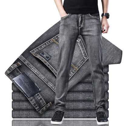 Straight Men's Classic Blue Black Grey Denim Elastic Regular Fit Male Stretch Jeans Business Casual  Style Pants