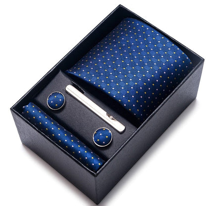 Silk Brand Tie Handkerchief Cufflink Set Necktie Holiday Gift Box Man's Blue Gold Suit Accessories Slim Cravat Wedding Gravatas