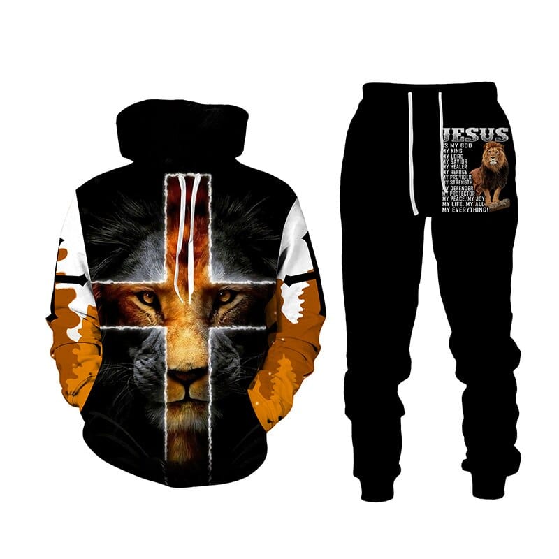 Jesus 3D Lion Print Hoodie + Pantaloni Set Două Piese Trening Bărbați Femei Hanorac cu Glugă Toamnă și Iarnă Costum de îmbrăcăminte pentru bărbați