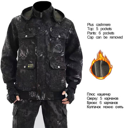 Winter Work Clothes Suit Men's Plus Velvet Thick Cotton Wear-resistant Welder Auto Mechanic Jacket Pants Labor Insurance Service