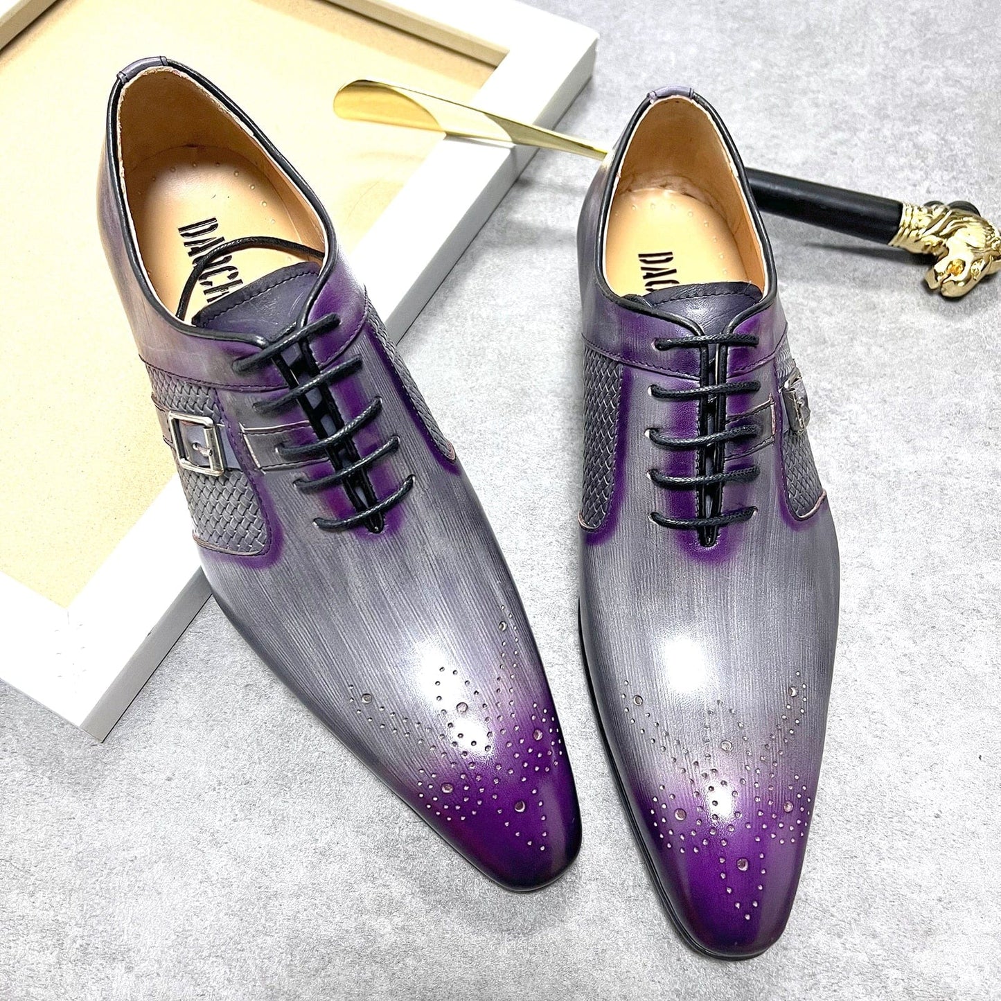 Luxury Brand Mens Dress Wedding High Quality Shoes  Brogues Leather Purple Mixed Colors Oxford Pointed Toe Shoes