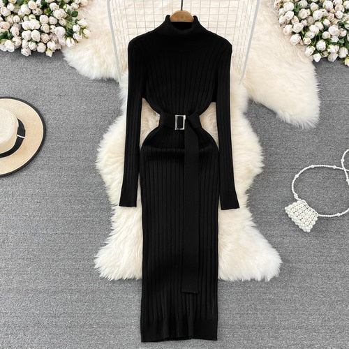 Chic Elegant Turtleneck Long Sleeve Bodycon Dress with Belt Sexy Fashion Knit Vestido Slim Autumn Winter Pencil Sweater Robe