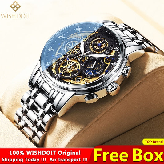 WISHDOIT Original Watch for Men&#39;s Waterproof Stainless Steel Quartz Analog Fashion Business Sun Moon Star Wristwatches Top Brand