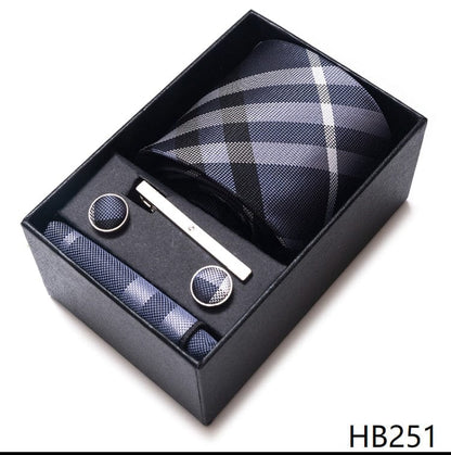 Silk Brand Tie Handkerchief Cufflink Set Necktie Holiday Gift Box Man's Blue Gold Suit Accessories Slim Cravat Wedding Gravatas