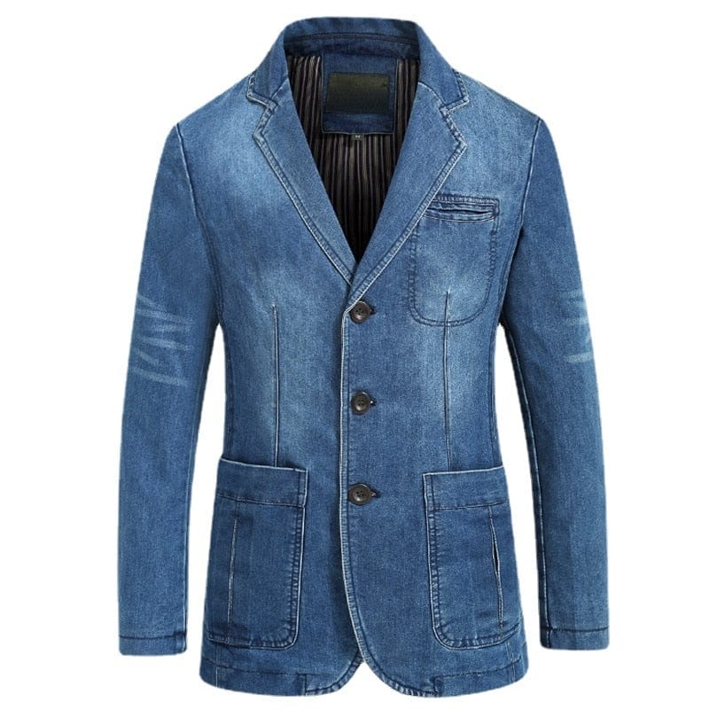 Blazers Jacket Men Casual Denim Slim Pocket Splicing Coat Men&#39;s Long Sleeve Single-Breasted Turn-down Collar Blazers Jacket