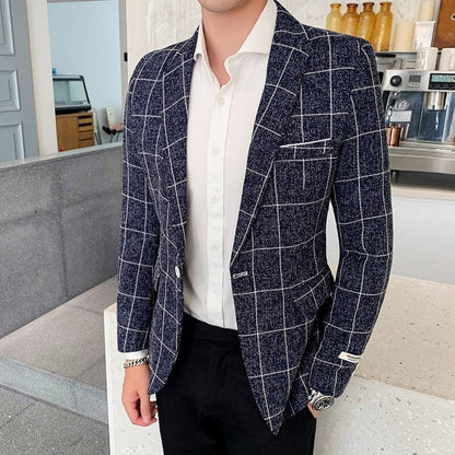 New Men Business Fashion Suit Blazer Plaid Design Plus Size Casual Male Slim Fit Dress Jacket Coat Americana Hombre
