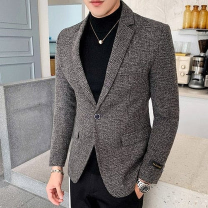 New Men Casual Blazer British Style Business Slim Fit Plaid Suit Coat Long Sleeve Male Formal Single Buckle Suit Jacket