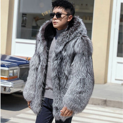 Men's Faux Fur Coat Winter Thicken Fluffy Long Sleeve Warm Outerwear Luxury Bontjas Jacket Hooded Plush  Windbreaker Coats