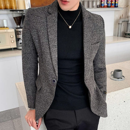 New Men Casual Blazer British Style Business Slim Fit Plaid Suit Coat Long Sleeve Male Formal Single Buckle Suit Jacket