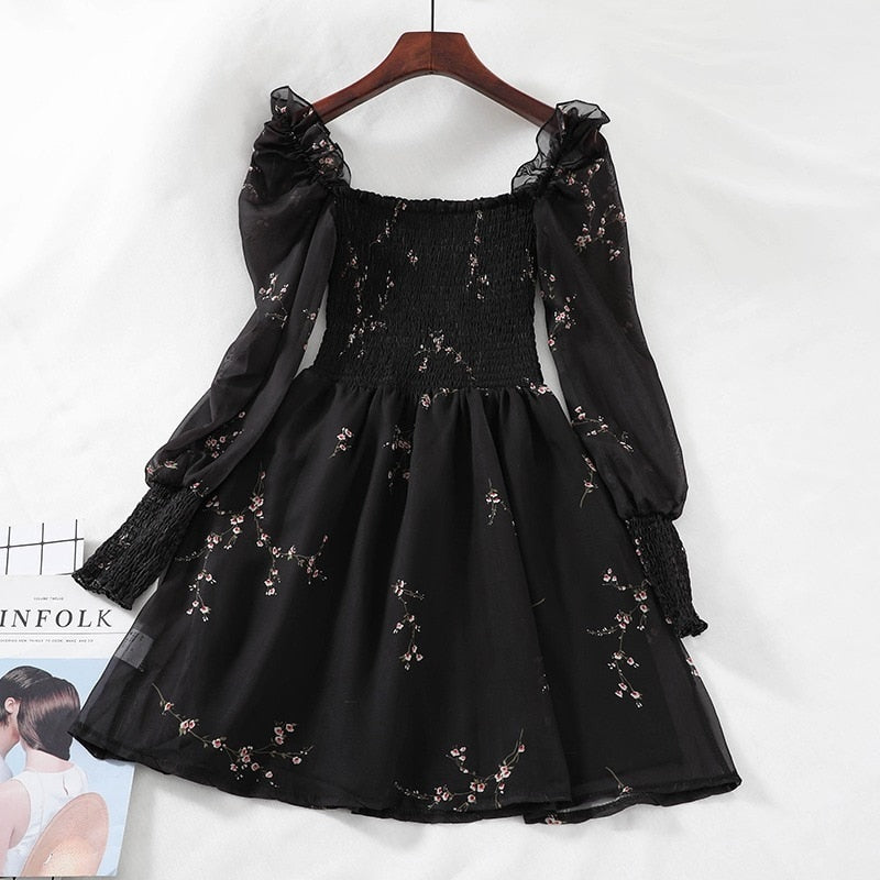 Spring Womens Sexy Black Dress Vintage Flower Long Puff Sleeve Chiffon Dresses Korean Casual Mini Vestidos Mujer Clothes 13676