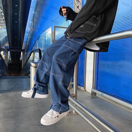 Blugi pentru bărbați Denim cu picioare largi Pantaloni de blugi cargo largi, drepți, largi, blugi pentru bărbați, hip hop, îmbrăcăminte de stradă, skateboard, pantaloni din denim neutru