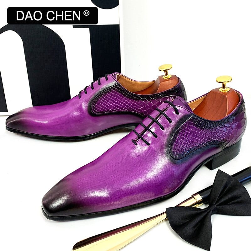 LUXURY DESIGN MEN OXFORD SHOES PURPLE BLACK SNAKE SKIN PRINTS MENS DRESS SHOES LACE UP POINTED TOE POLISH REAL LEATHER SHOES MEN