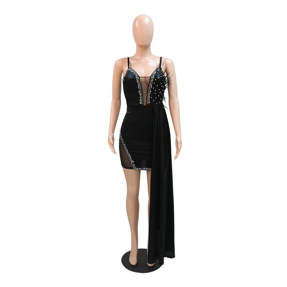 QILI Rochie sexy cu bretele în șold pentru femei, design cu pene, smoking cu o singură față, rochie mini pentru femei, alb, negru, roz