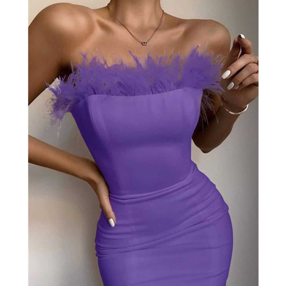 New Summer Sexy Strapless Backless Feather Black Midi Women Bodycon Bandage Dress 2022 Designer Fashion Party Club Dress Vestido