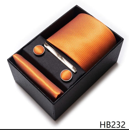 Silk Brand Tie Handkerchief Cufflink Set Necktie Holiday Gift Box Man's Blue Gold Suit Accessories Slim Cravat Wedding Gravatas