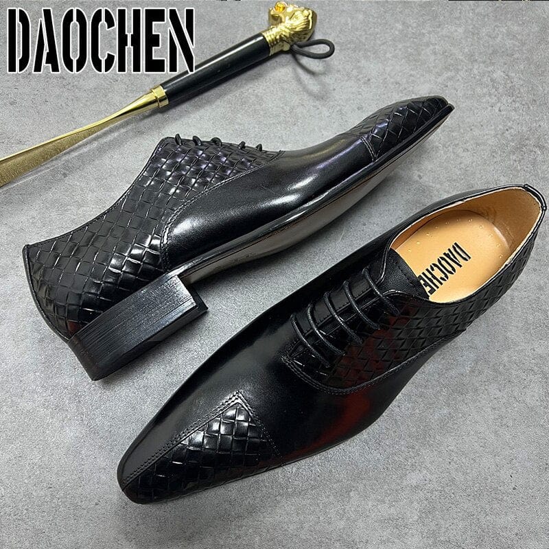 Luxury Design Men Oxford Shoes Lace up Split Toe Weave Printing Black Green Men Dress Shoes Office Wedding Leather Shoes For Men