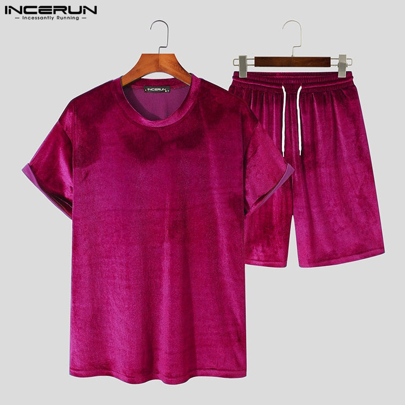 INCERUN Men Casual Sets Velour Solid Color O-neck Short Sleeve T Shirt &amp; Drawstring Shorts Two Pieces 2023 Streetwear Men Suits