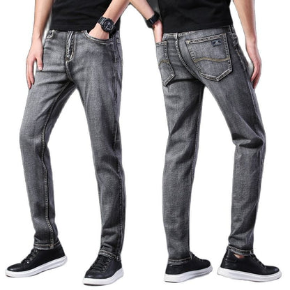 Straight Men's Classic Blue Black Grey Denim Elastic Regular Fit Male Stretch Jeans Business Casual  Style Pants