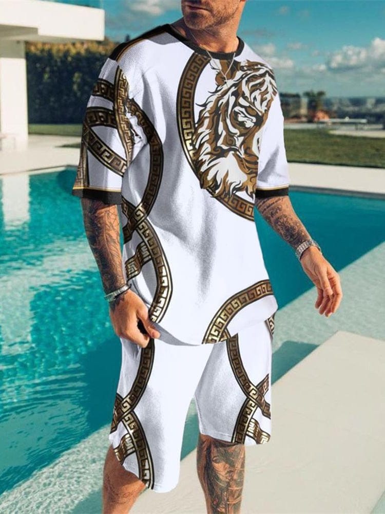 New Fashion Men's Suit Men's Print Suit Short Sleeve Summer Casual T-shirt Beach Two Piece Suit
