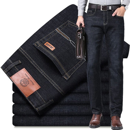 Straight Men's Classic Blue Black Grey Denim Elastic Regular Fit Male Stretch Jeans Business Casual  Style Pants