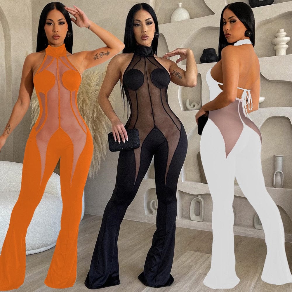 Sexy Halter Backless Long Jumpsuit Women Patchwork Mesh Bodycon Rompers Summer Wide Leg Pants See Through One Piece Club Outfit