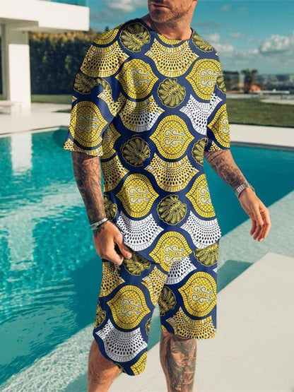 New Fashion Men's Suit Men's Print Suit Short Sleeve Summer Casual T-shirt Beach Two Piece Suit