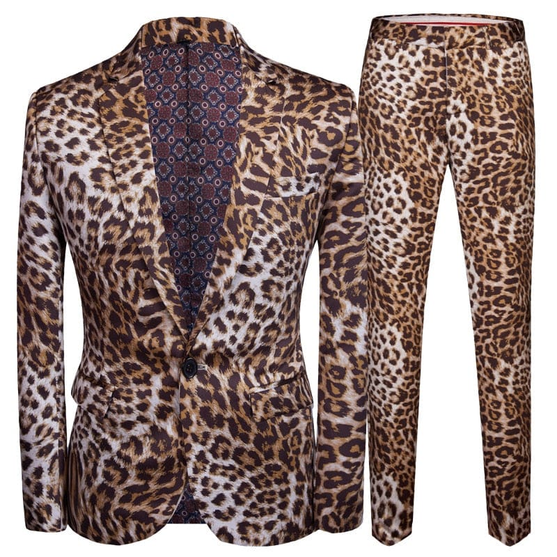 2022 Fashion Men&#39;s Casual Boutique Leopard Print Nightclub Style Suit Jacket Pants / Male Two Pieces Blazers Coat Trousers Set