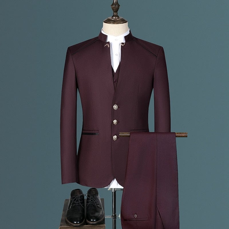 Stand Collar Men Blazer Pants Vest Business Men's Wedding Suit Jacket Coat Trousers Waistcoat High Quality Slim Vest Dress Set