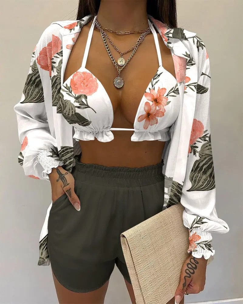 Summer 3 Piece Set Outfits Women Fashion Sexy Beach Style Printed Suspender Shirt Shorts Pant Suit Three Piece  Set Women