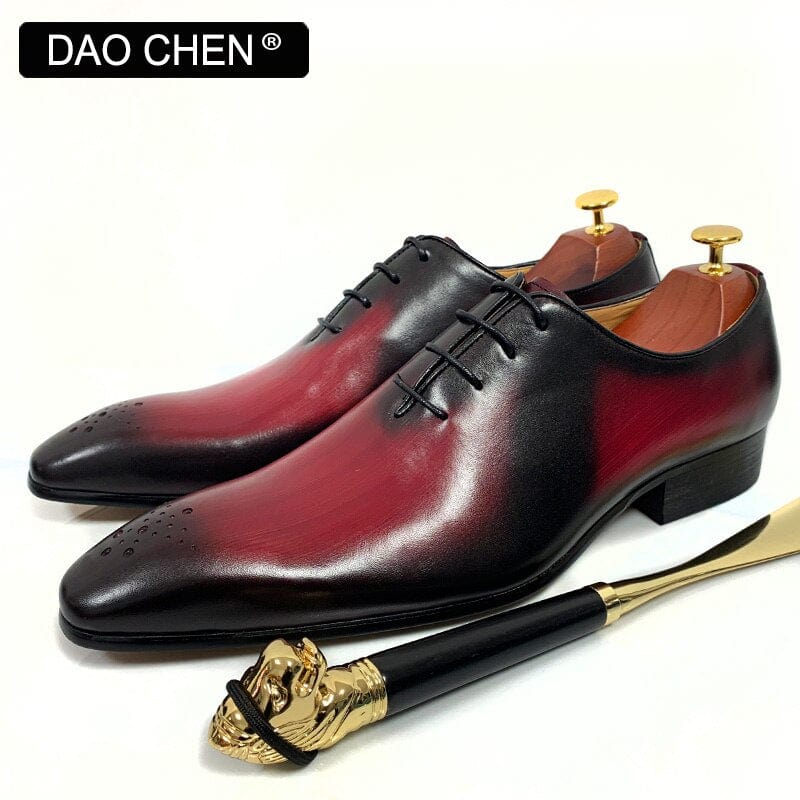 ELEGANT FORMAL MEN GENUINE LEATHER SHOES LACE UP POINTED TOE MAN DRESS SHOES RED MIX BLACK WEDDING BUSINESS OXFORD SHOES FOR MEN