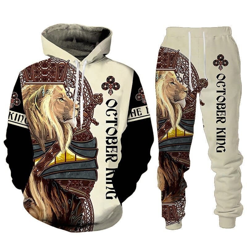 Lion Printed Men Hoodies Two Piece Sets Autumn Winter Male Hoodie Jogging Tracksuit Autumn Winter Mens Hooded Sweatshirt Sets