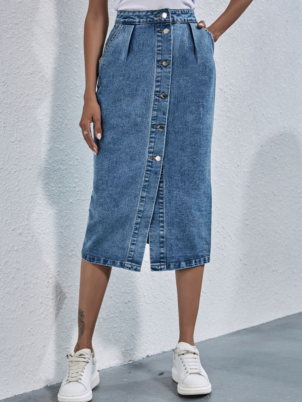 2022 Women Jean Skirt Solid Sexy Button Mid-Calf Long Straight  Denim Skirt  For Female Street Casual Wear Clothes