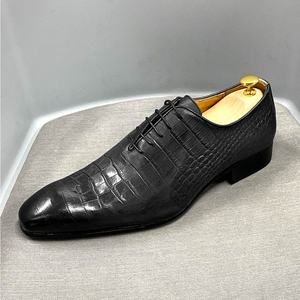 Italian Fashion Elegant Oxford Shoes for Men Genuine Cow Leather Crocodile Lace Up Formal Wedding Shoes Pointed Toe Dress Shoes