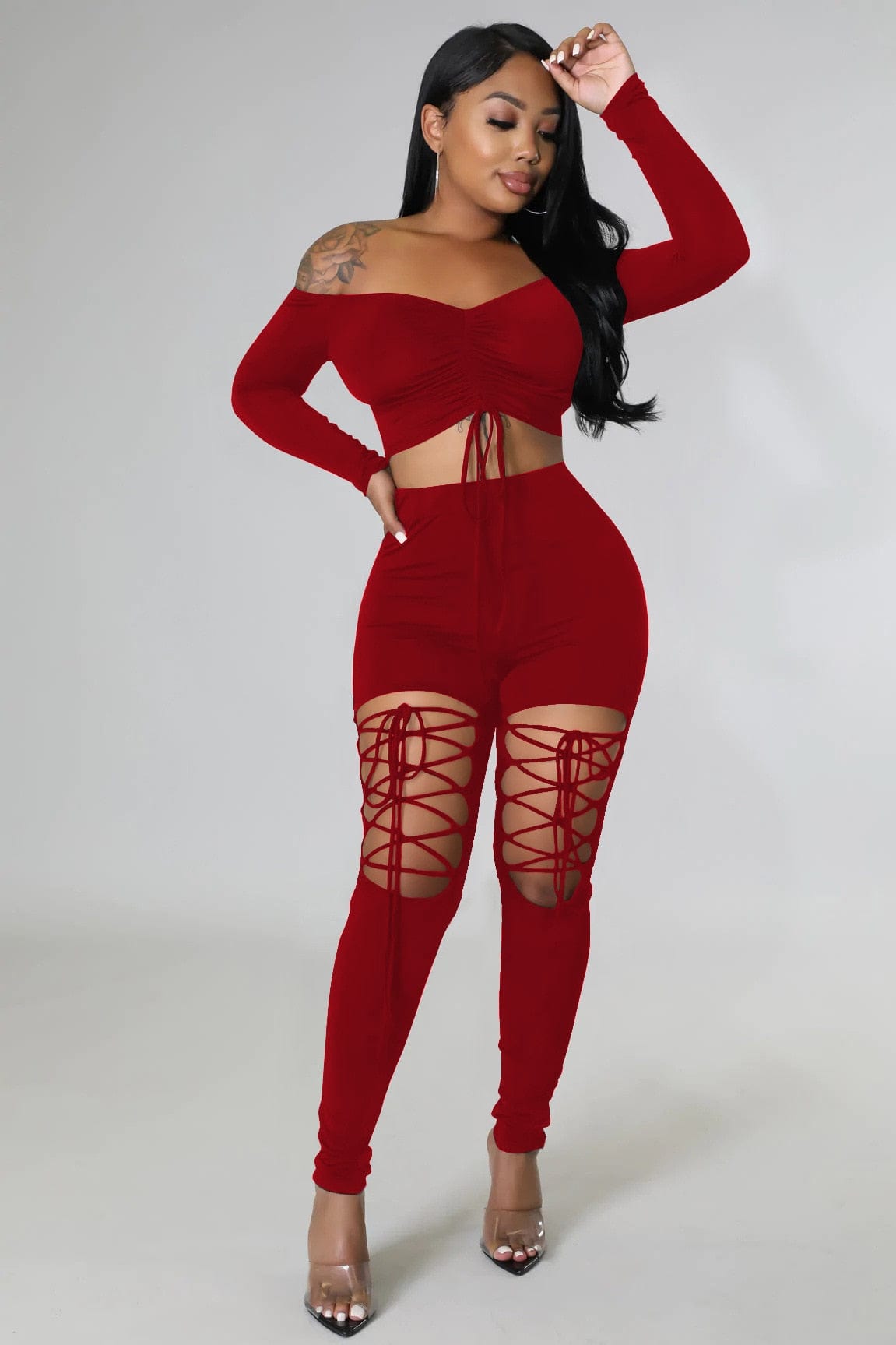 Off the Shoulder 2 Piece Set Women Sexy Long Sleeve Lace Up Ruched Crop Top Cut Out Lace Up Pants Skinny Club Party Outfits Sets