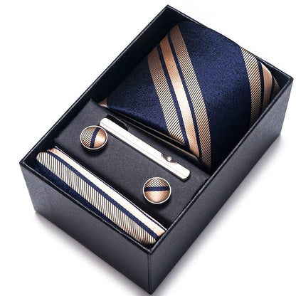 Silk Brand Tie Handkerchief Cufflink Set Necktie Holiday Gift Box Man's Blue Gold Suit Accessories Slim Cravat Wedding Gravatas