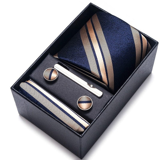 Silk Brand Tie Handkerchief Cufflink Set Necktie Holiday Gift Box Man&#39;s Blue Gold Suit Accessories Slim Cravat Wedding Gravatas