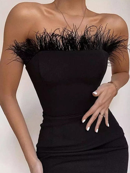 New Summer Sexy Strapless Backless Feather Black Midi Women Bodycon Bandage Dress  Designer Fashion Party Club Dress Vestido