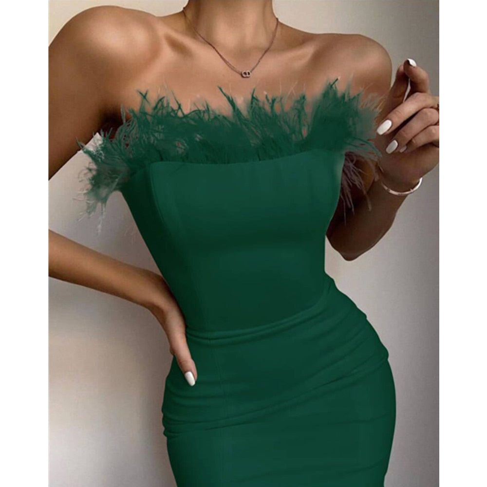 New Summer Sexy Strapless Backless Feather Black Midi Women Bodycon Bandage Dress 2022 Designer Fashion Party Club Dress Vestido