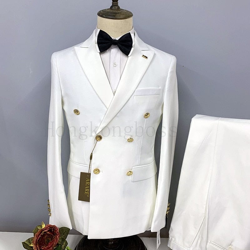2 Pcs Suit Set Blazers Jacket Pants / Fashion Men Casual Business Pure Color Double Breasted Groom Wedding Formal Dress Suit