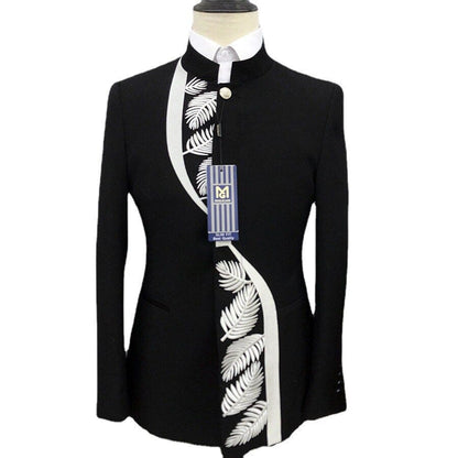 Fashion New Men's Casual Boutique Chinese Stand Collar Tunic Design Suit 2 Piece Set Blazers Jacket Coat Pants Trousers