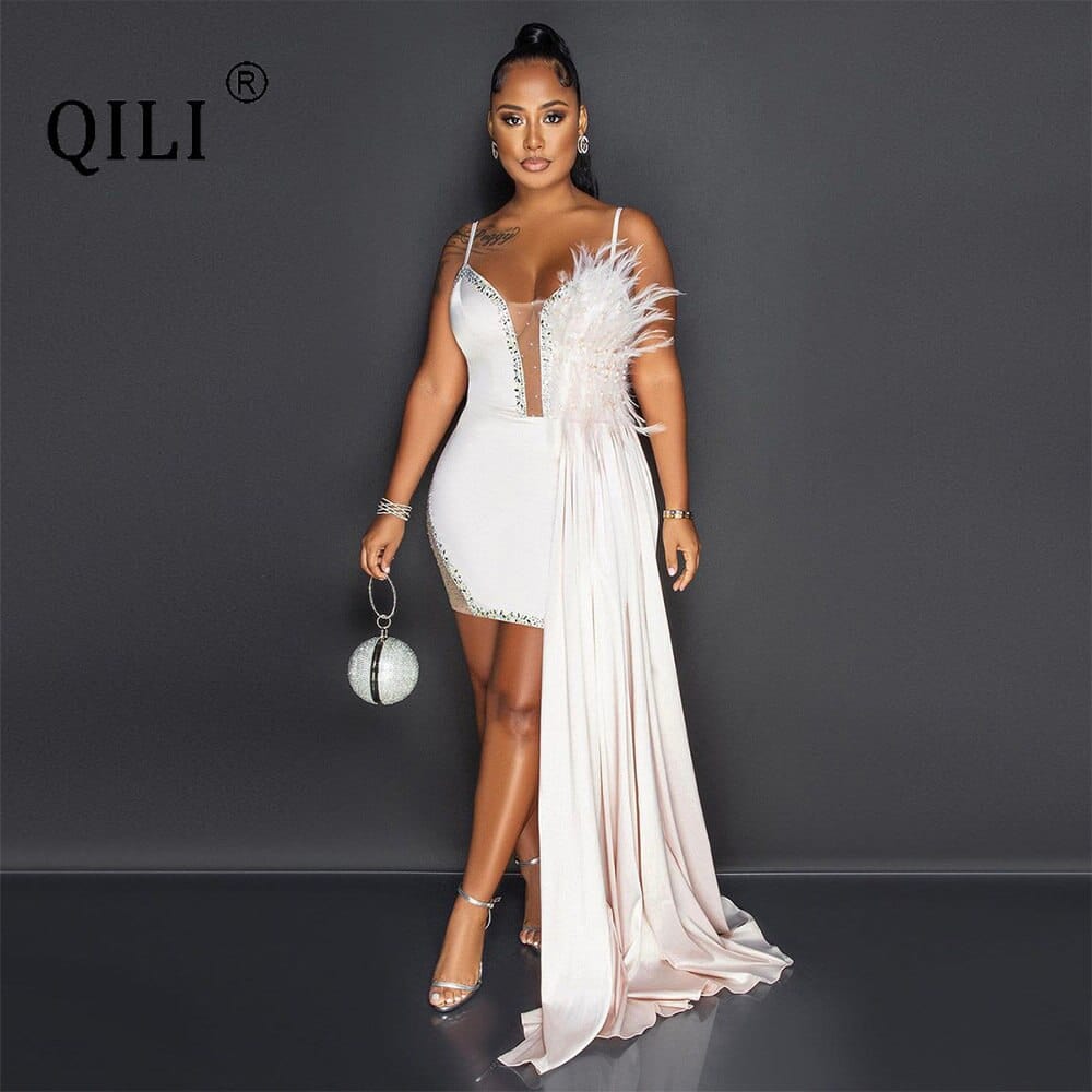 QILI Sexy Suspender Hip Wrap Dress Women Feather Design Single Side Tuxedo Women Mini Dress White Black Pink