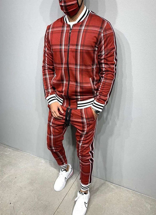 2022 Casual Suit Men Sportswear Two Piece Outfits Stripe Outerwear Plaid Set Zipper Spring Autumn Jacket Male Gentlemen Clothing