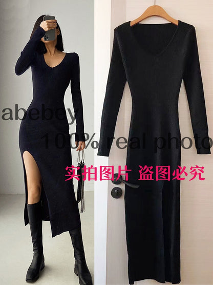 spring and winter sexy French slit sweater dress female slim tight-fitting hip-knit over-the-knee dresses